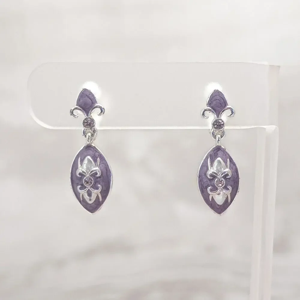 Vintage Clip On Earrings Purple & Silver Tone Fleur De Lis Like Dangle Drop